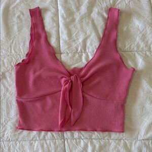 SHEIN Pink Ribbed Tie Front Crop Top
